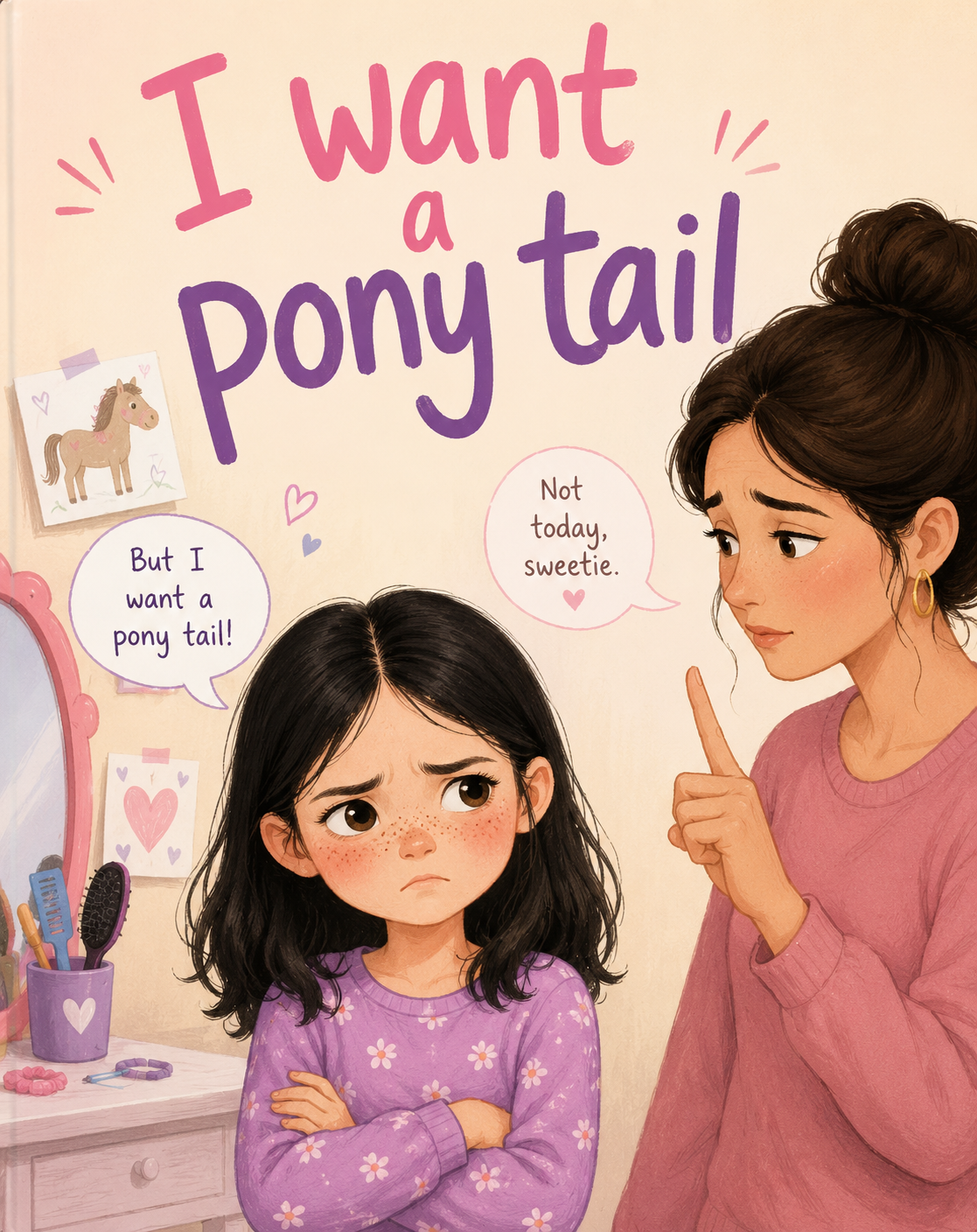 I Want a Ponytail — book cover showing GiGi arms crossed and Noel with finger raised