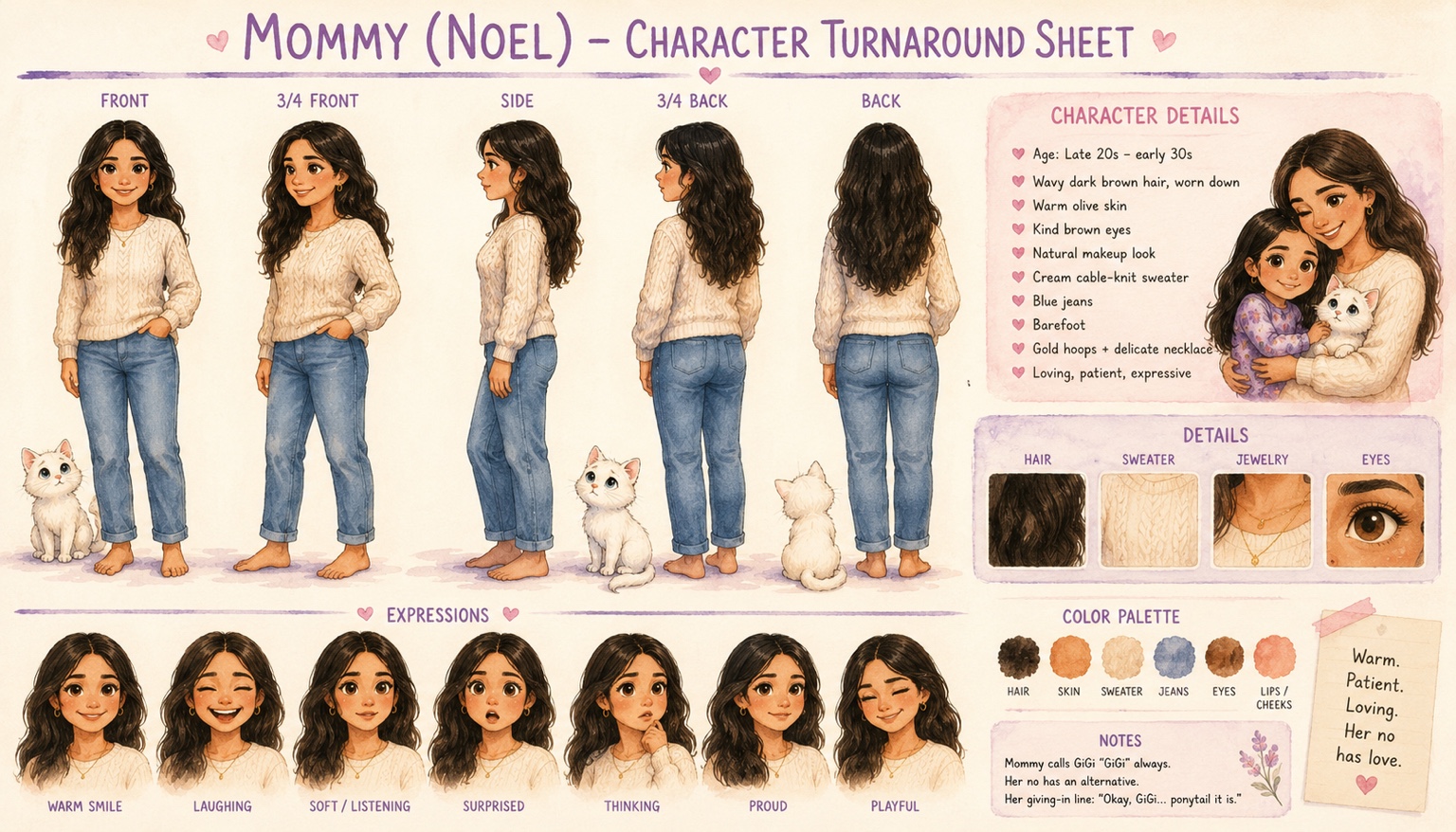 GiGi character turnaround sheet — expressions and full body views