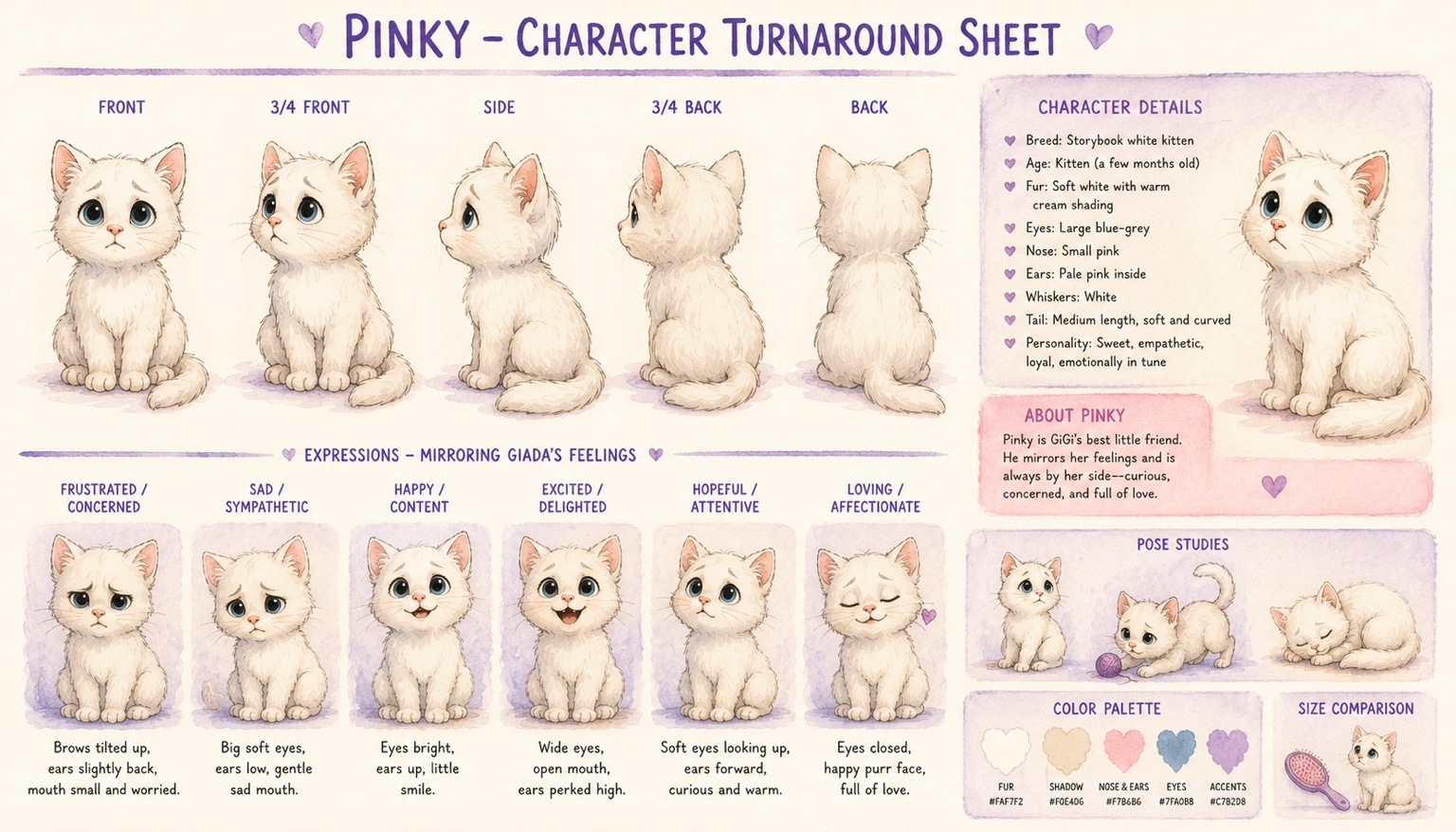 Pinky the white kitten — character turnaround and emotional expression sheet